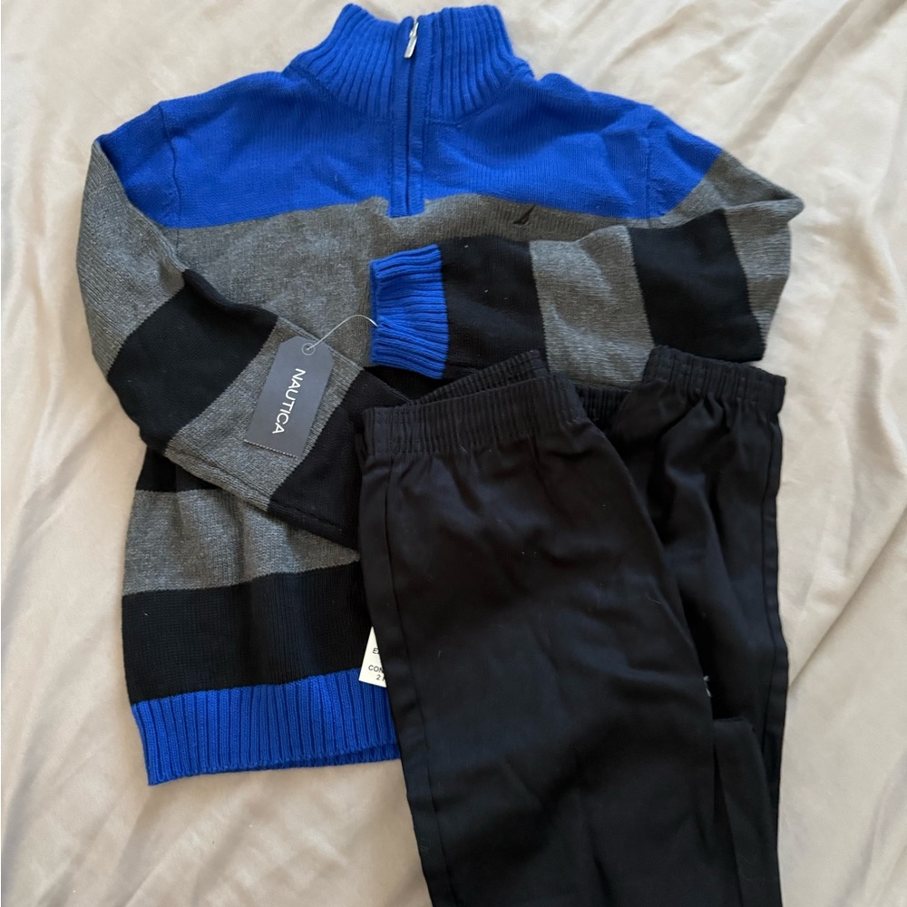 Nautica Blue and Gray Half-Zip Sweater with Black Pants